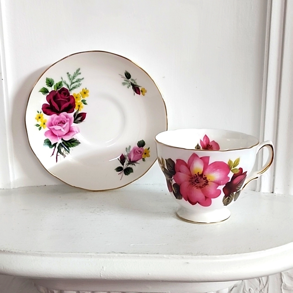 Queen Anne Tea Cup and Saucer Pink Floral Tea Cup Bone China Queen Anne Floral